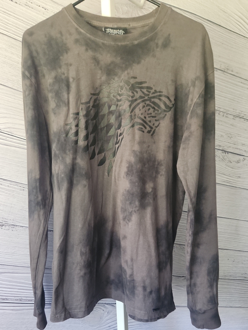 Men's Grey Black Tie-Dye Game Of Thrones Direwolf Long Sleeve Tee M